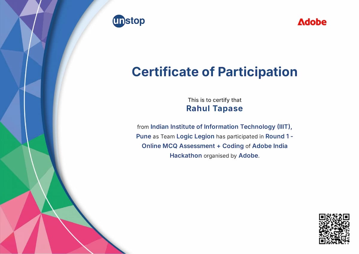 Adobe India Hackathon certificate issued by Adobe & Unstop