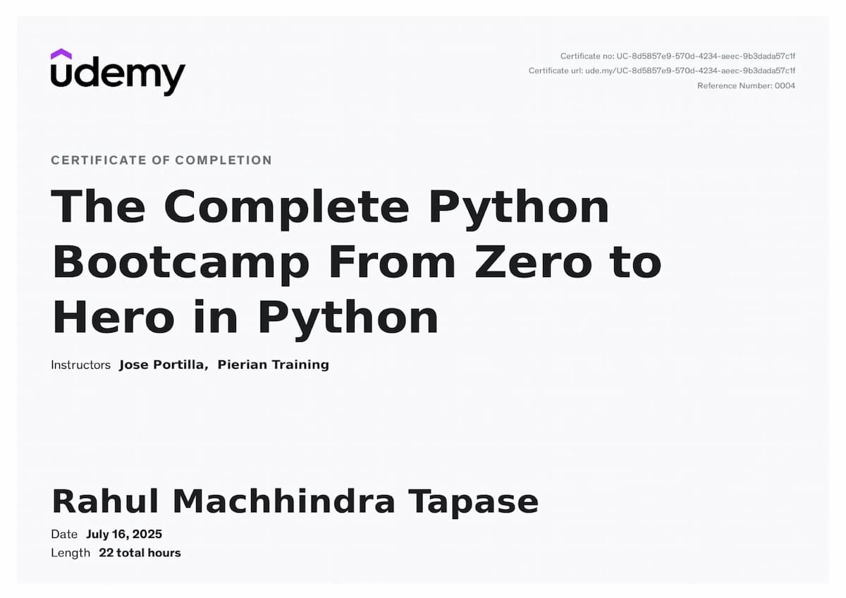 Complete Python Bootcamp certificate issued by Udemy