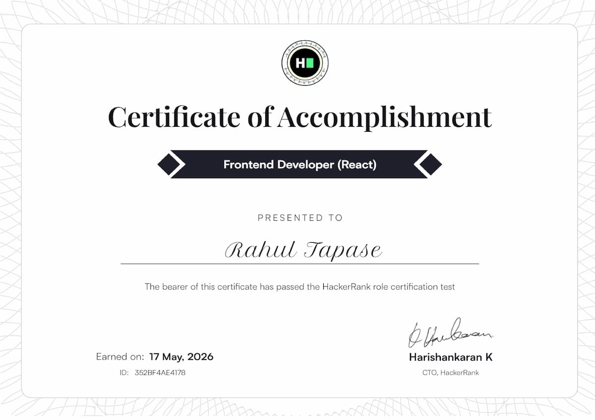 Frontend Developer (React) certificate issued by HackerRank