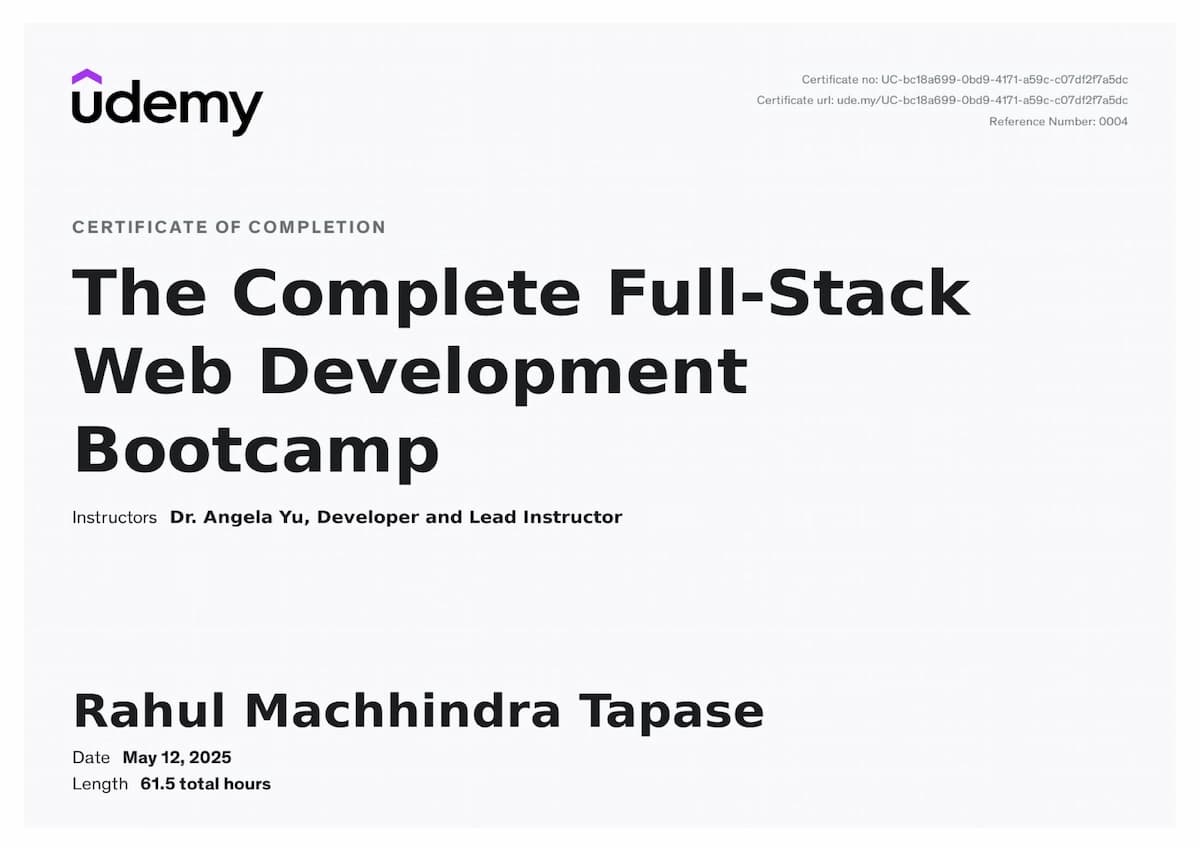 Full-Stack Web Development certificate issued by Udemy