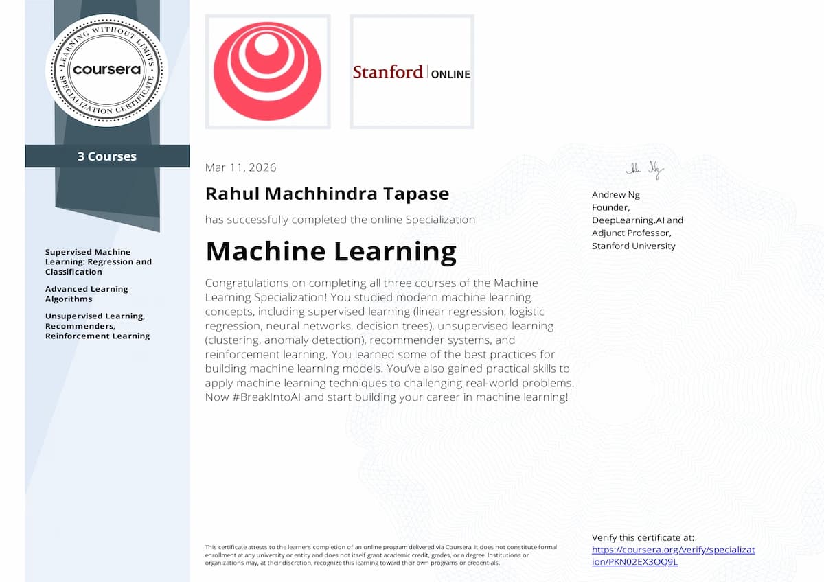 Machine Learning certificate issued by Coursera