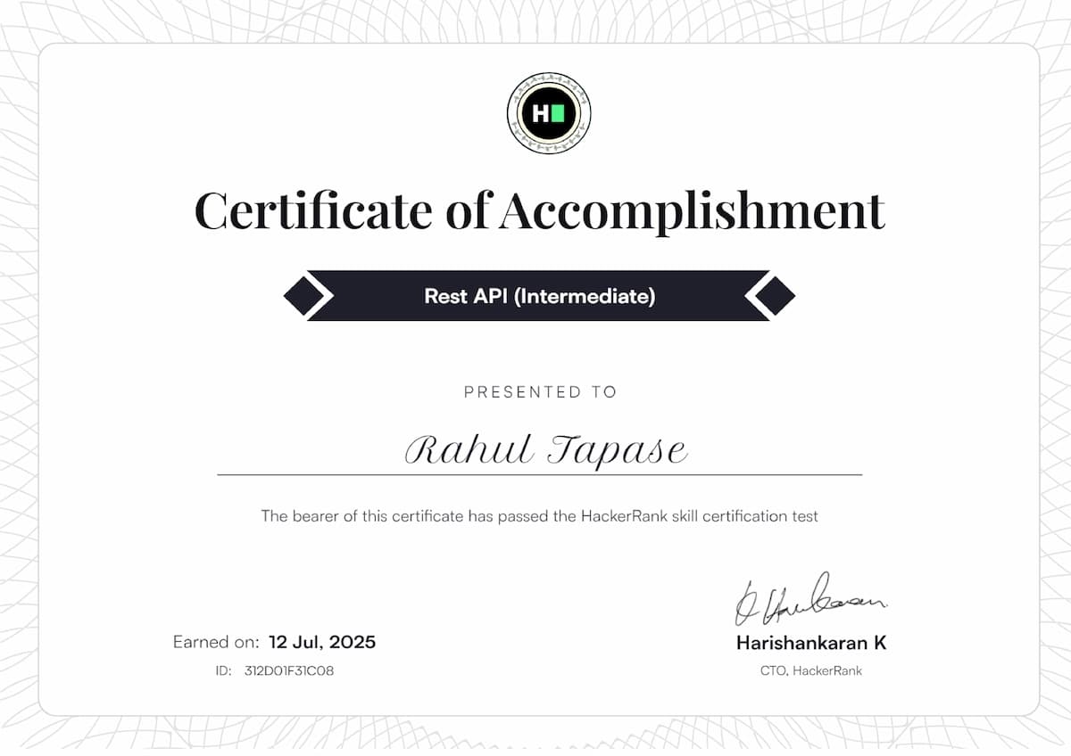 REST API (Intermediate) certificate issued by HackerRank