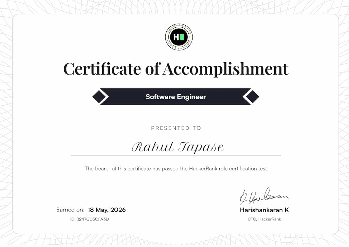 Software Engineer certificate issued by HackerRank
