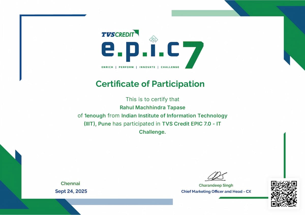 TVS Credit EPIC IT Challenge certificate issued by TVS Credit & Unstop