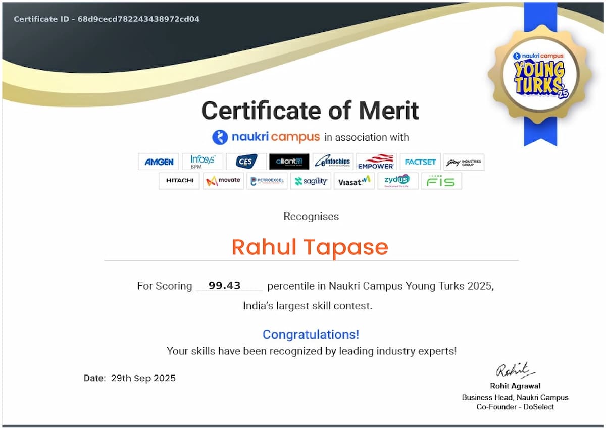 Naukri Campus Young Turks certificate issued by Naukri