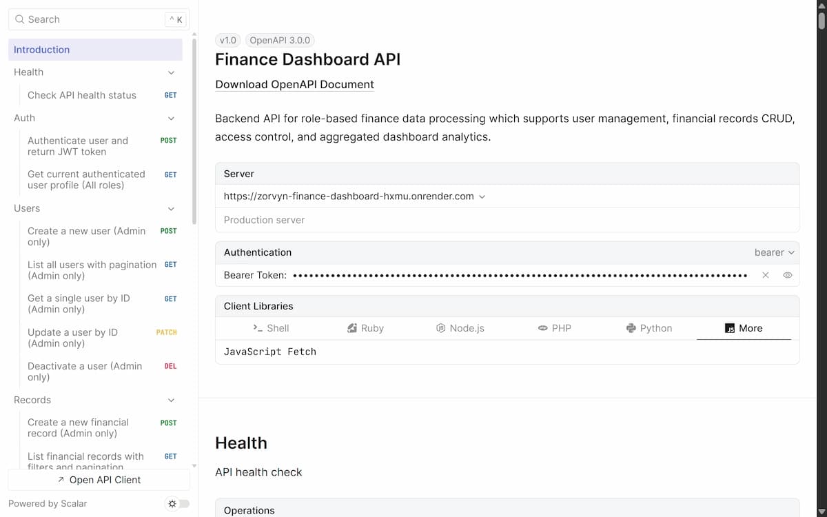 Zorvyn Finance - Rahul Tapase Project Screenshot